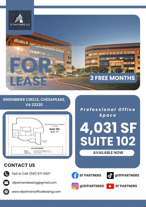 4031 SF Suite 102 860  Professional Office Space