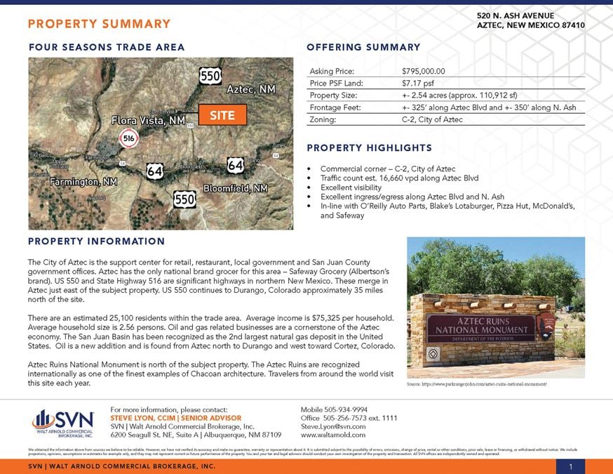 Commercial corner +-2.5 acres in Aztec, NM