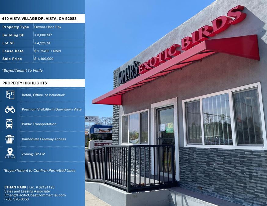 ± 3,000 SF Owner-User Flex for SALE or LEASE in Vista Village