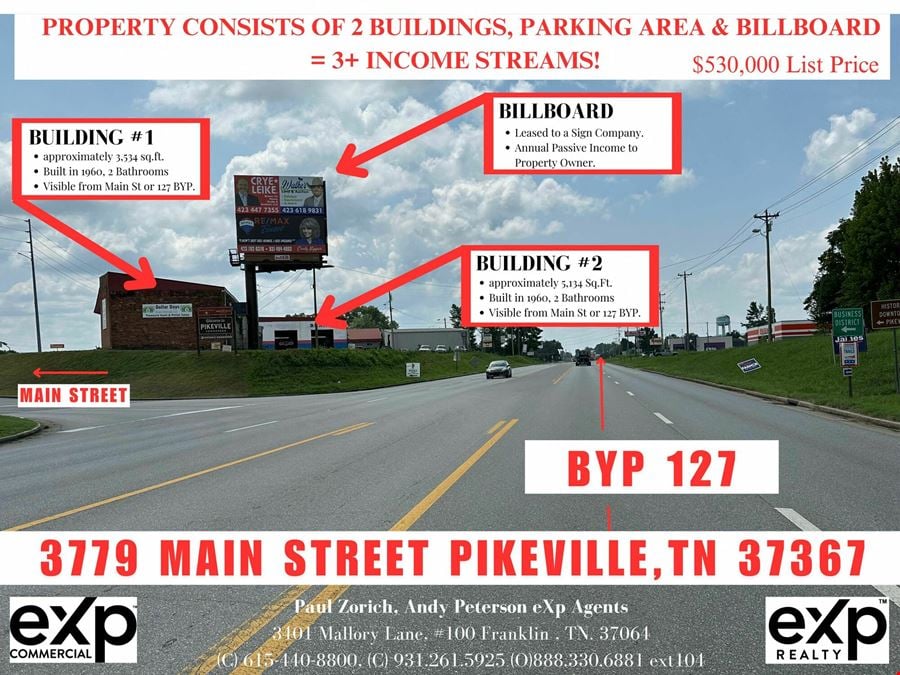 2 Buildings (auto/retail), Billboard, Highly Visible