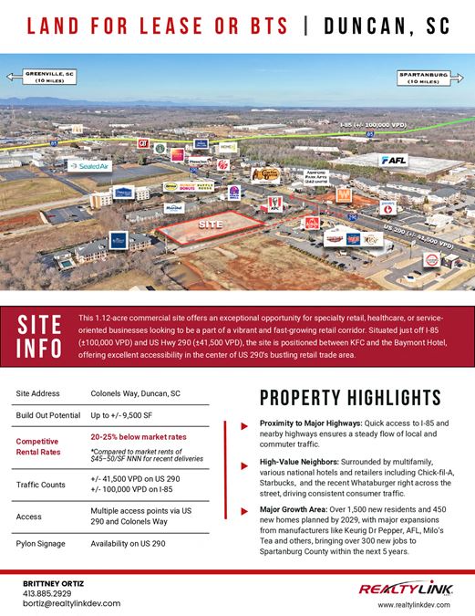 Commercial Land Available for Lease off of US 290 in Duncan, SC!