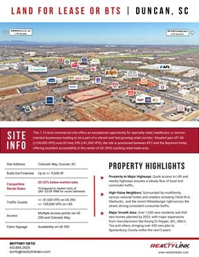 Commercial Land Available for Lease off of US 290 in Duncan, SC!